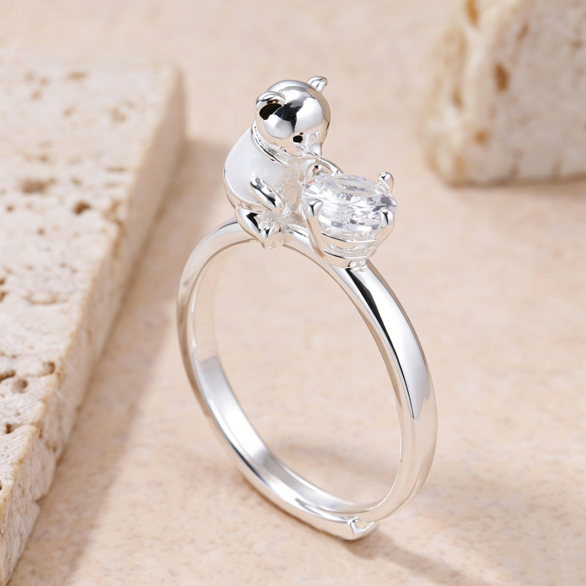 Minimalist Teddy Bear Open Ring with Shiny Zirconia